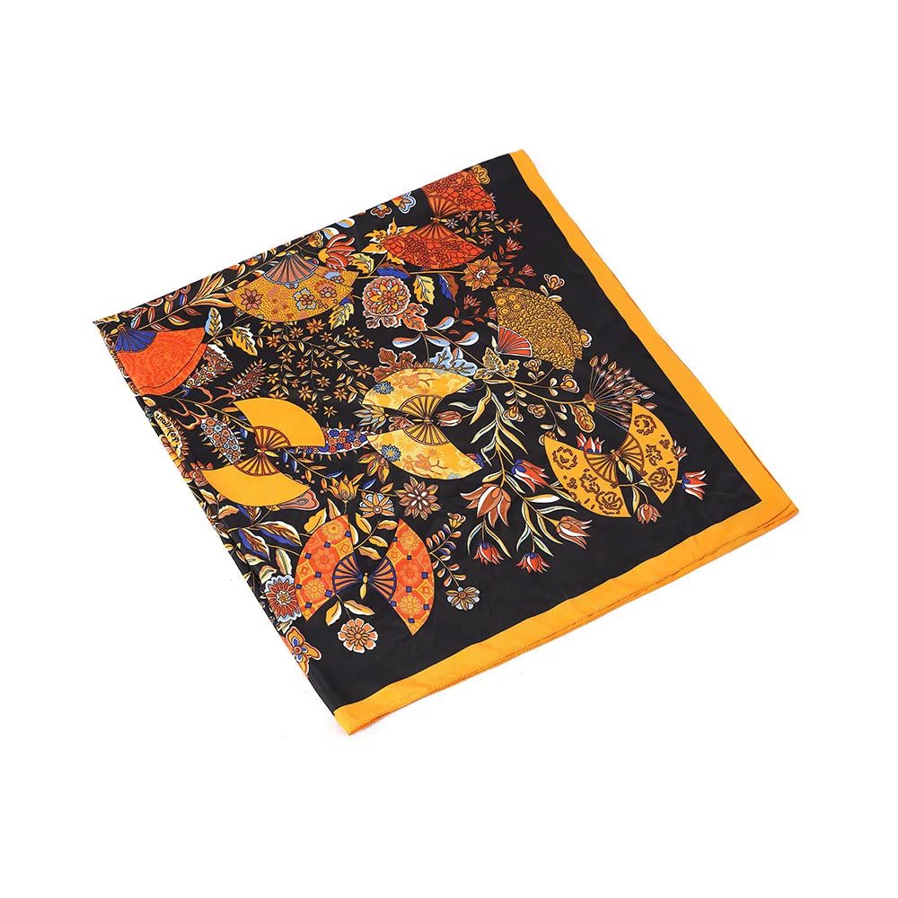 Golden Fan 130cm Big Square Scarf 100% Silk