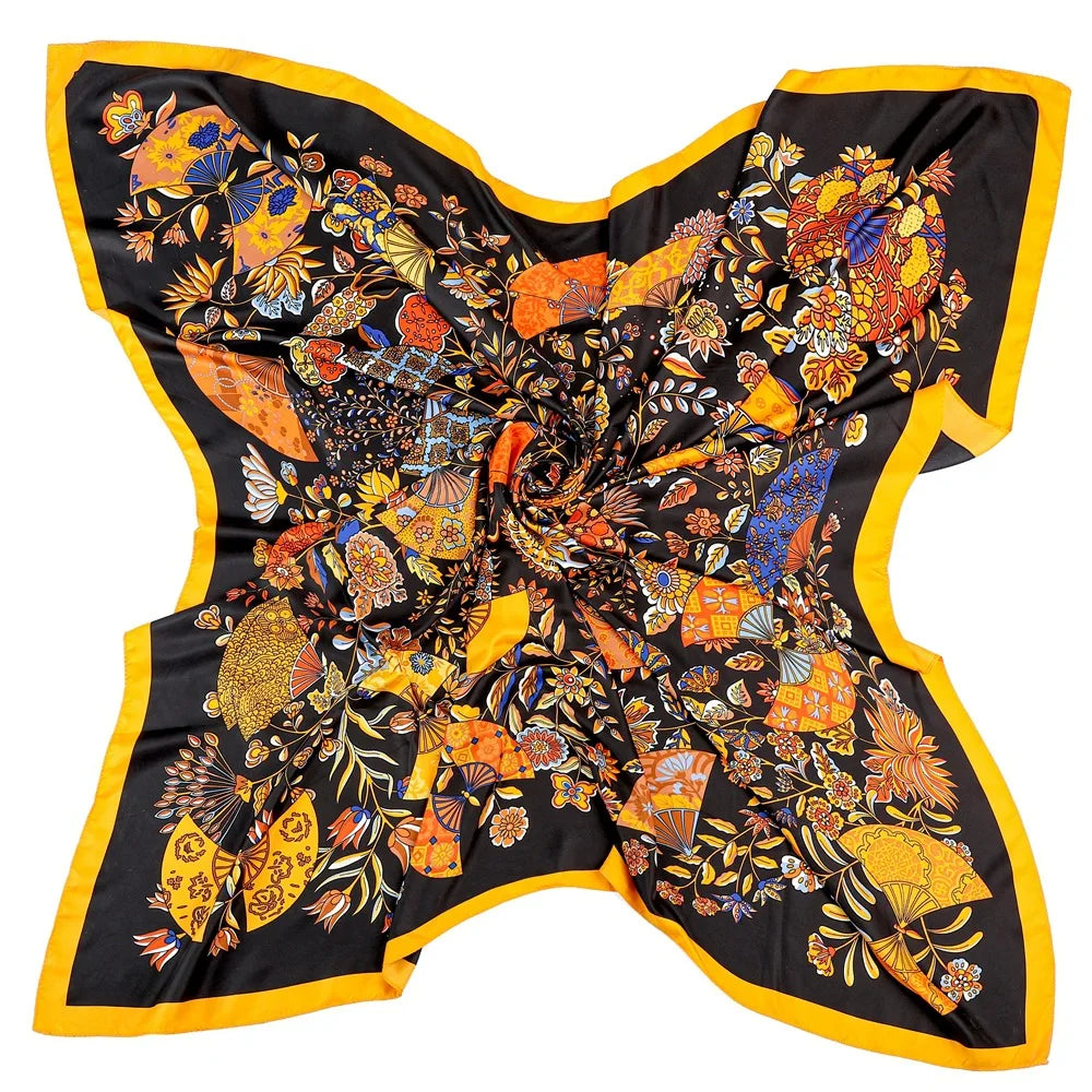 Golden Fan 130cm Big Square Scarf 100% Silk