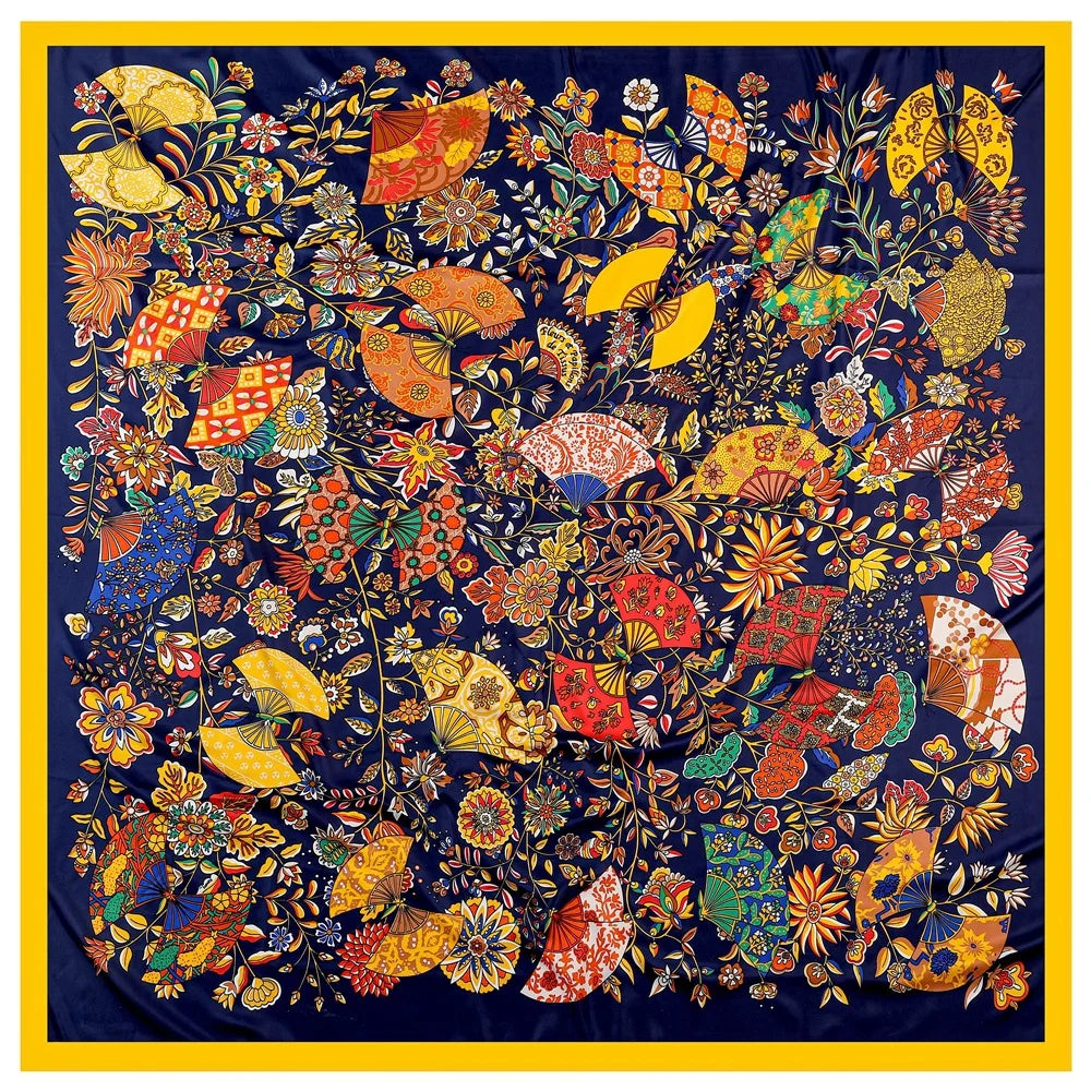 Golden Fan 130cm Big Square Scarf 100% Silk